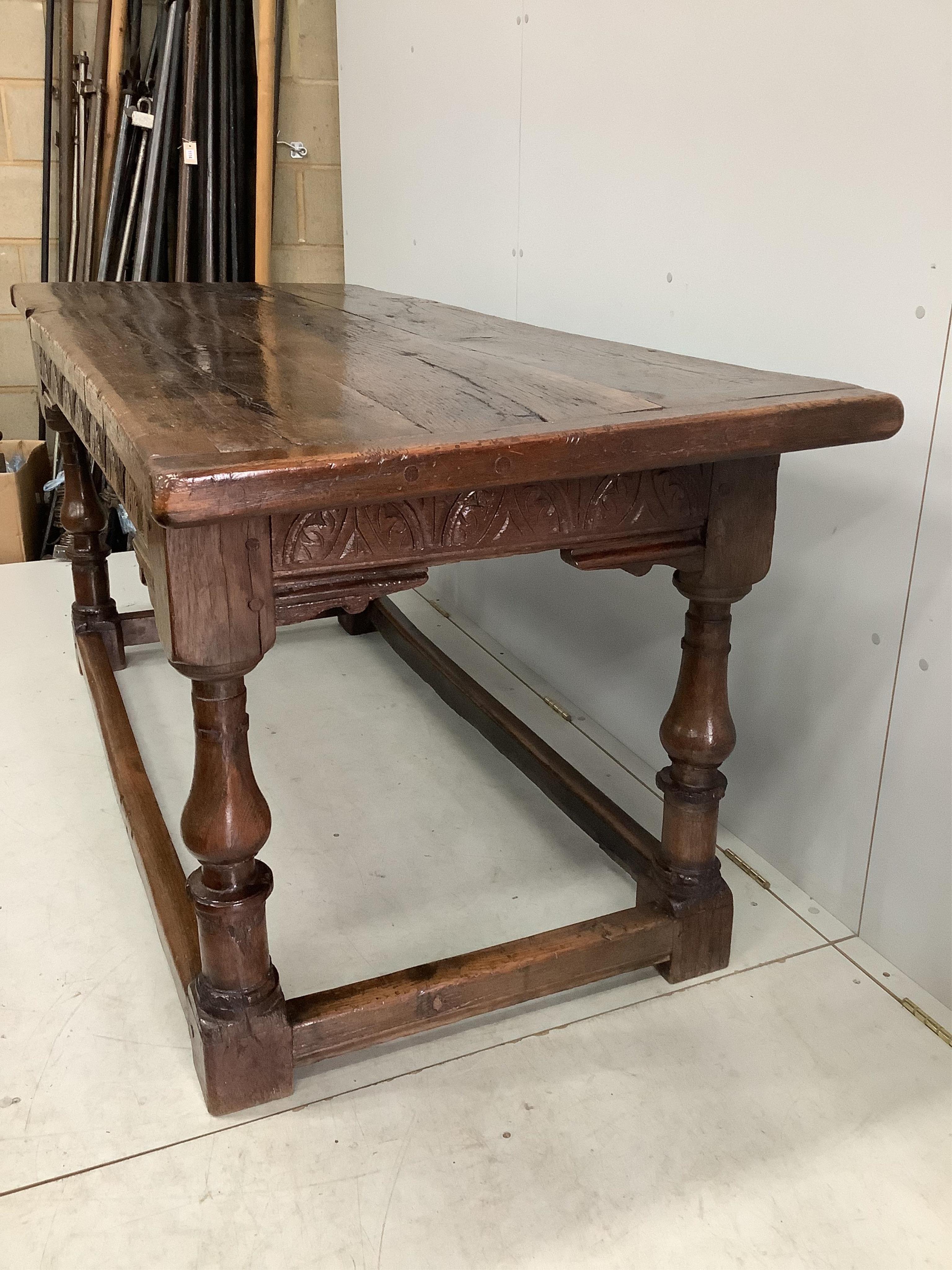 A 17th century and later rectangular oak refectory dining table, width 187cm, depth 79cm, height 83cm. Condition - fair